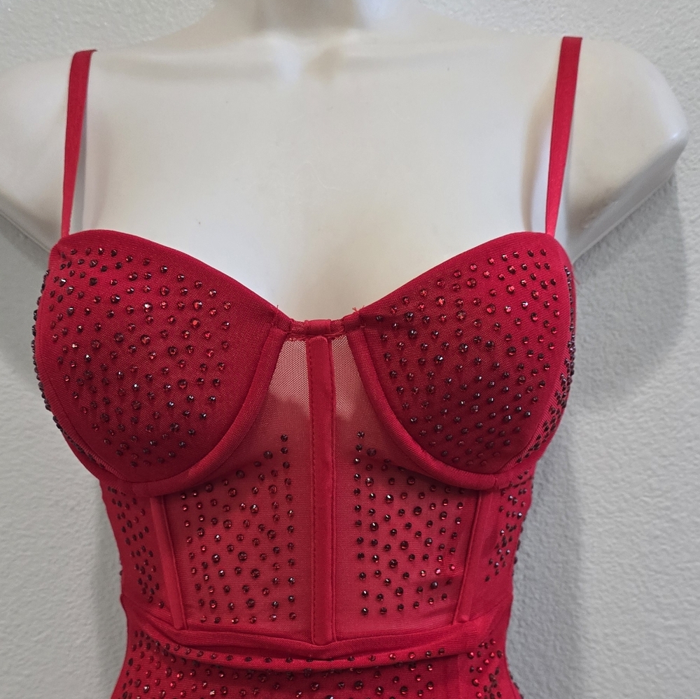 Windsor Red Studded Bustier long formal dress with beading and side slit. XS